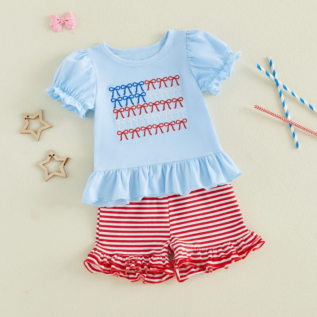 Toddler Girl 4th of July Outfit American Flag Embroidery T Shirt Top Ruffle Shorts Baby Independence Day Set 6M-4T