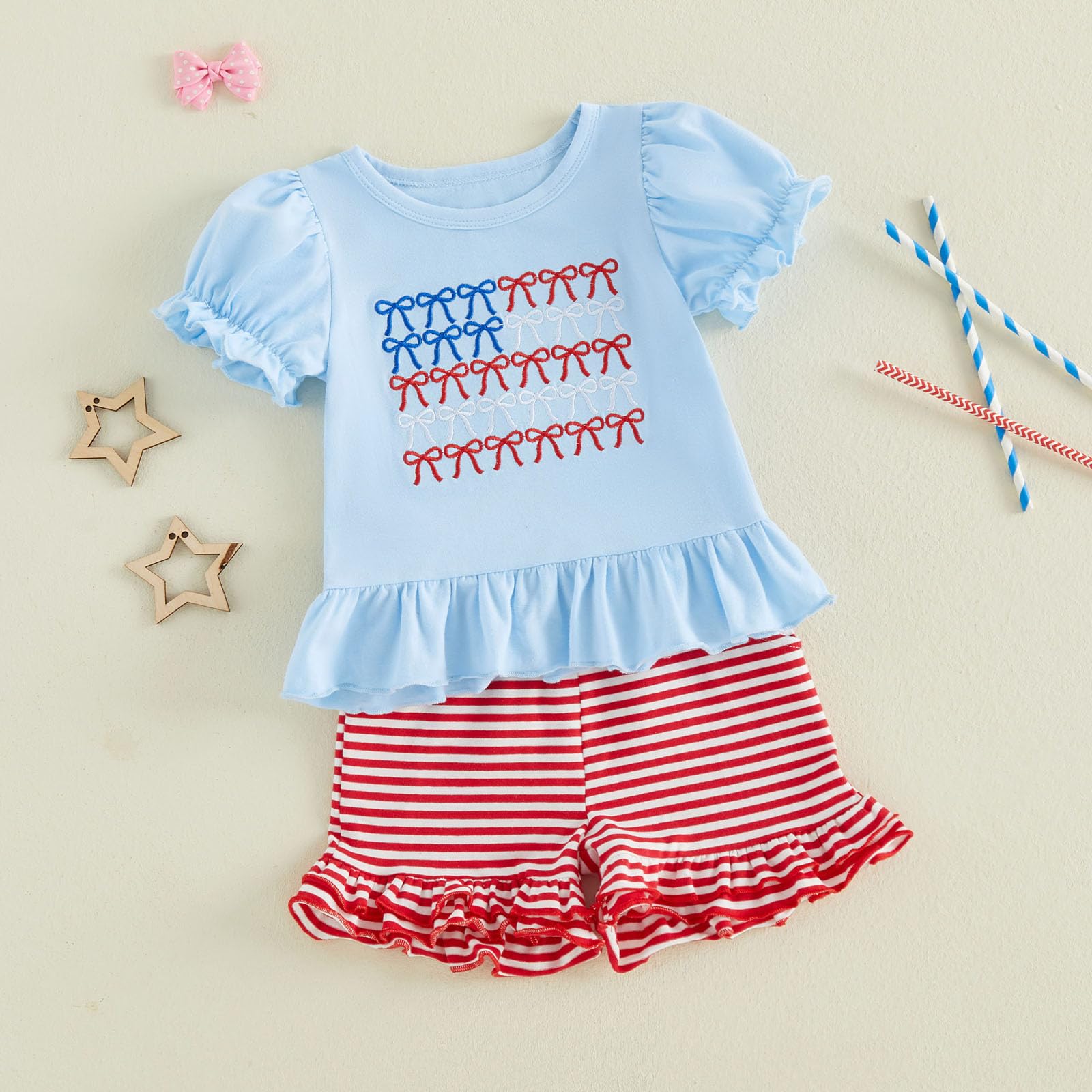 Toddler Girl 4th of July Outfit American Flag Embroidery T Shirt Top Ruffle Shorts Baby Independence Day Set 6M-4T
