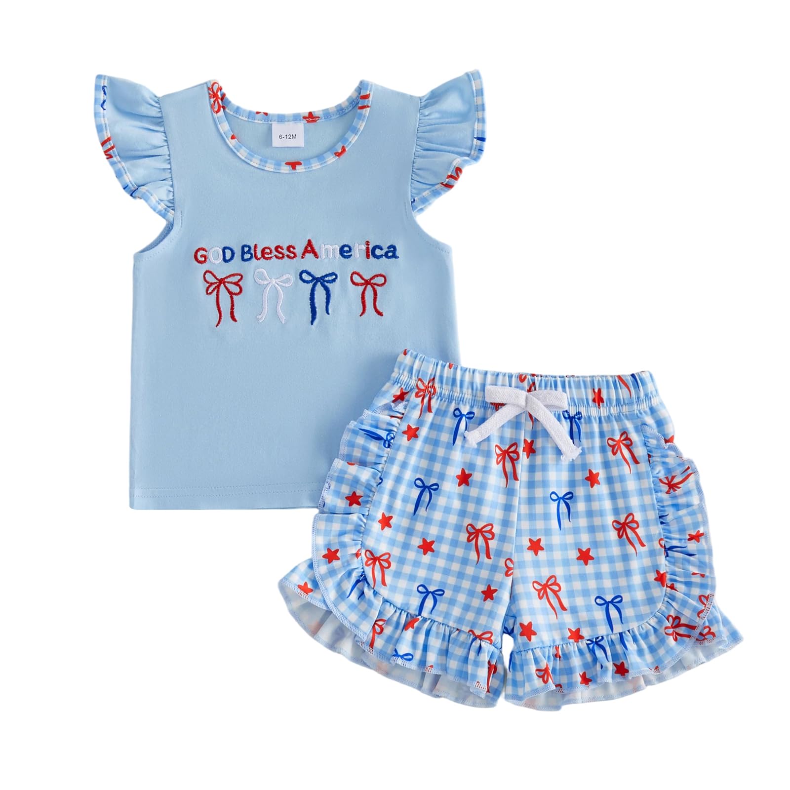 Toddler Girl 4th of July Outfit American Flag Embroidery T Shirt Top Ruffle Shorts Baby Independence Day Set 6M-4T