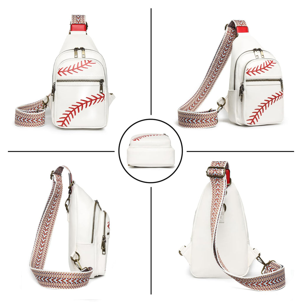 FAYBA Small Sling Bag for Women Crossbody Bag, Baseball Print PU Leather Wide Guitar Strap Chest Sling Backpack Purse
