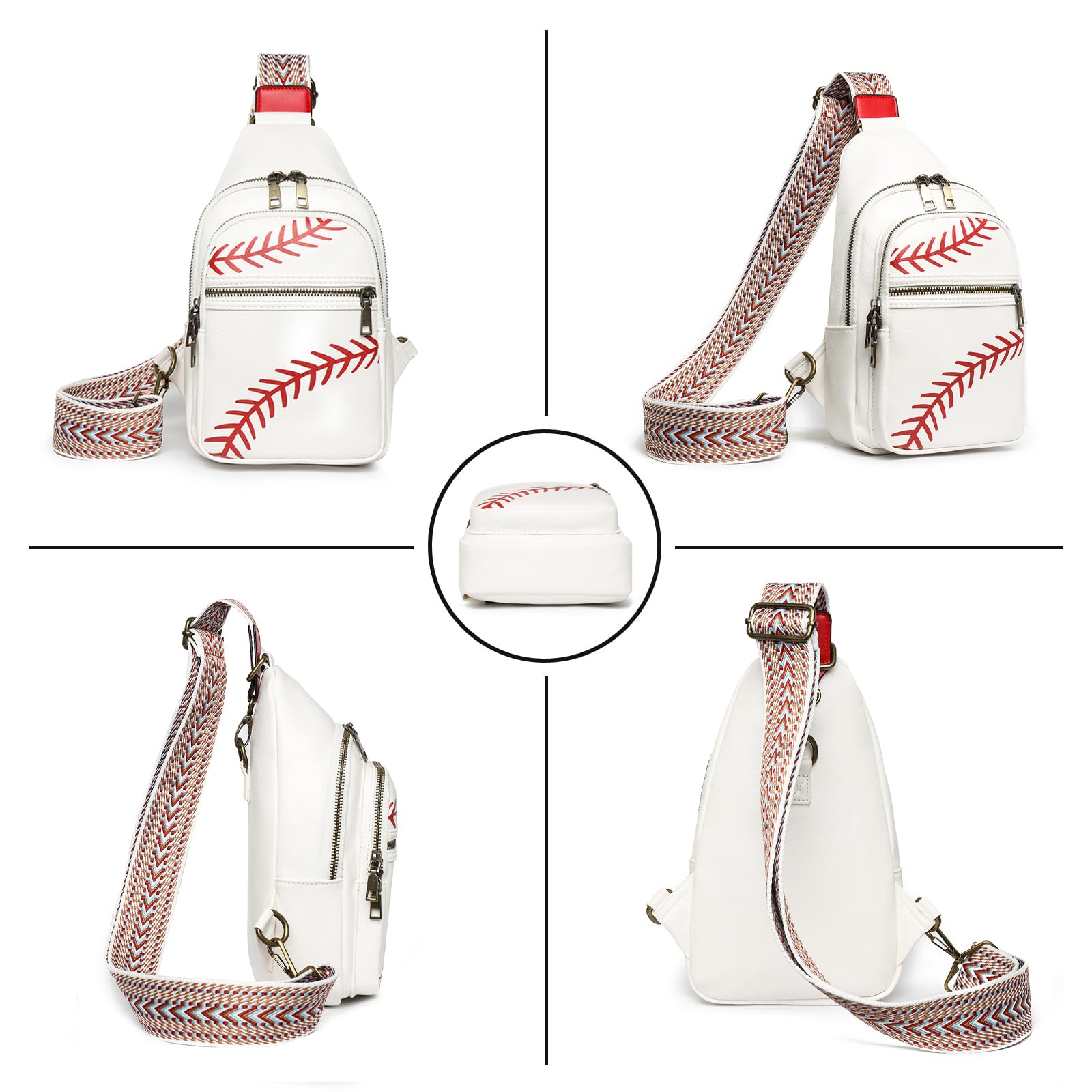 FAYBA Small Sling Bag for Women Crossbody Bag, Baseball Print PU Leather Wide Guitar Strap Chest Sling Backpack Purse