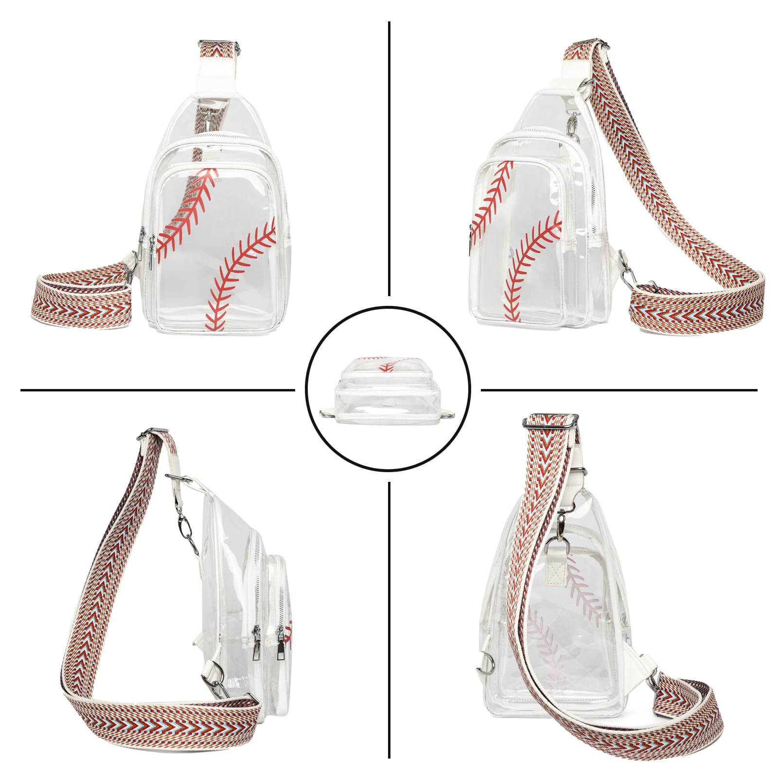 FAYBA Small Sling Bag for Women Crossbody Bag, Baseball Print PU Leather Wide Guitar Strap Chest Sling Backpack Purse
