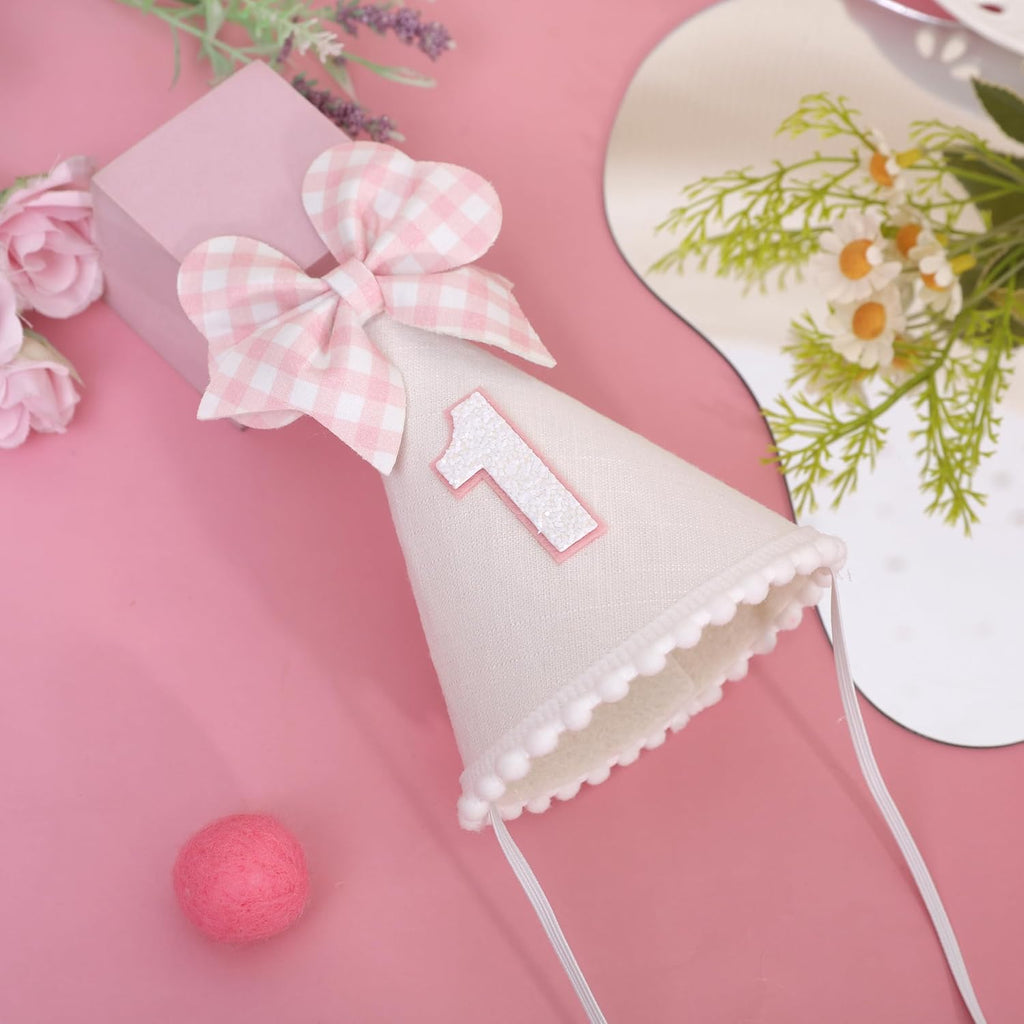Pink Bow 1st Birthday Hat for Girls - Pink and White Theme First Brithday Decorations, Sweet One Theme Party Hat, Baby Girl Bday Decor (1st birthday hat)