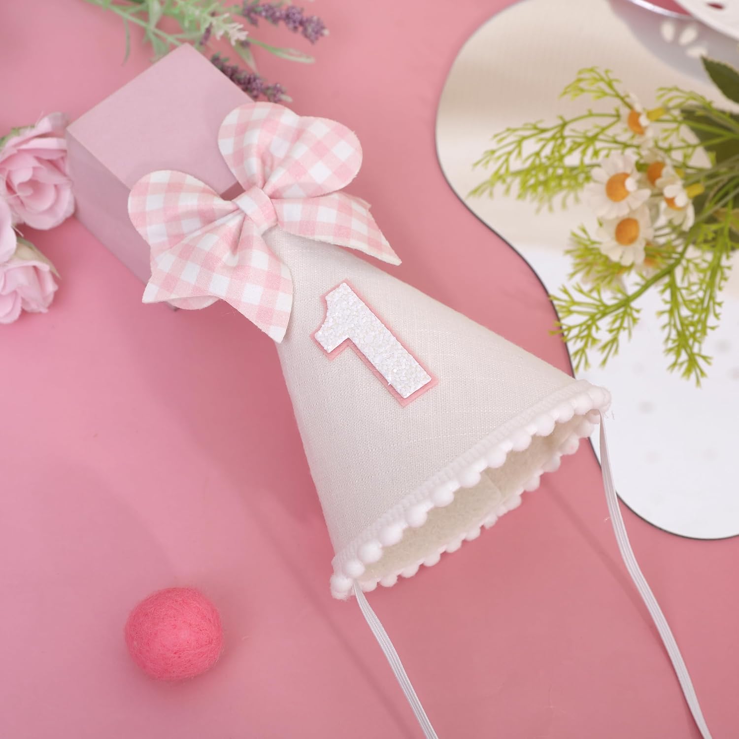 Pink Bow 1st Birthday Hat for Girls - Pink and White Theme First Brithday Decorations, Sweet One Theme Party Hat, Baby Girl Bday Decor (1st birthday hat)