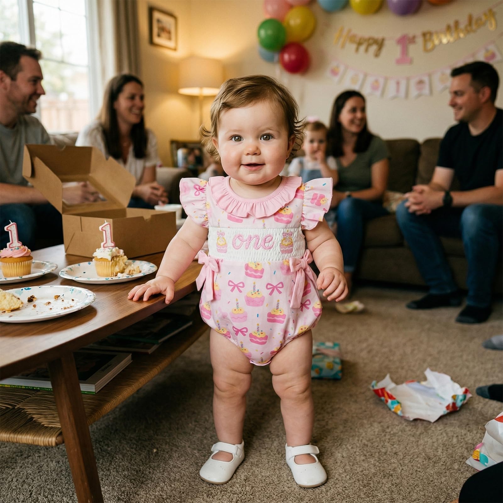 BemeyourBBs Baby Girl First Birthday Outfit 1st Birthday Cake Smocked Romper Jumpsuit One Year Clothes
