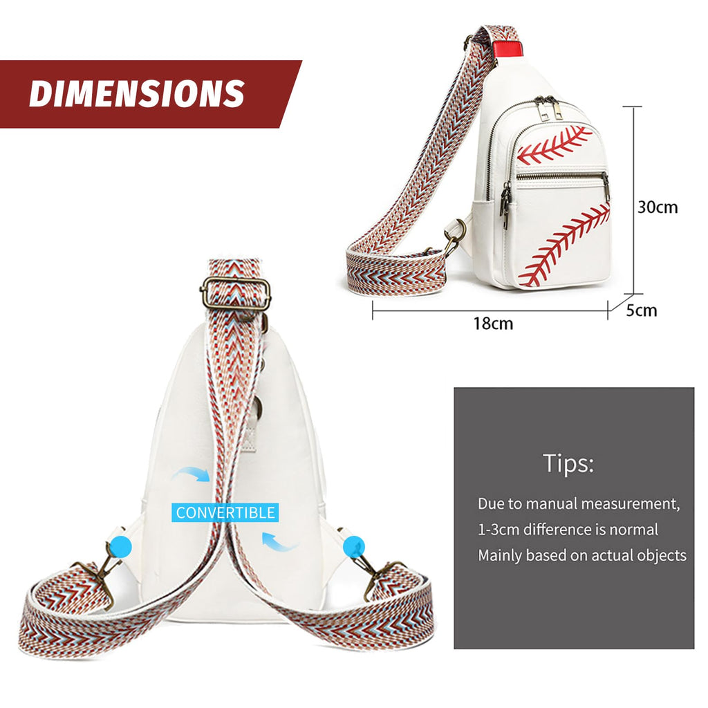 FAYBA Small Sling Bag for Women Crossbody Bag, Baseball Print PU Leather Wide Guitar Strap Chest Sling Backpack Purse
