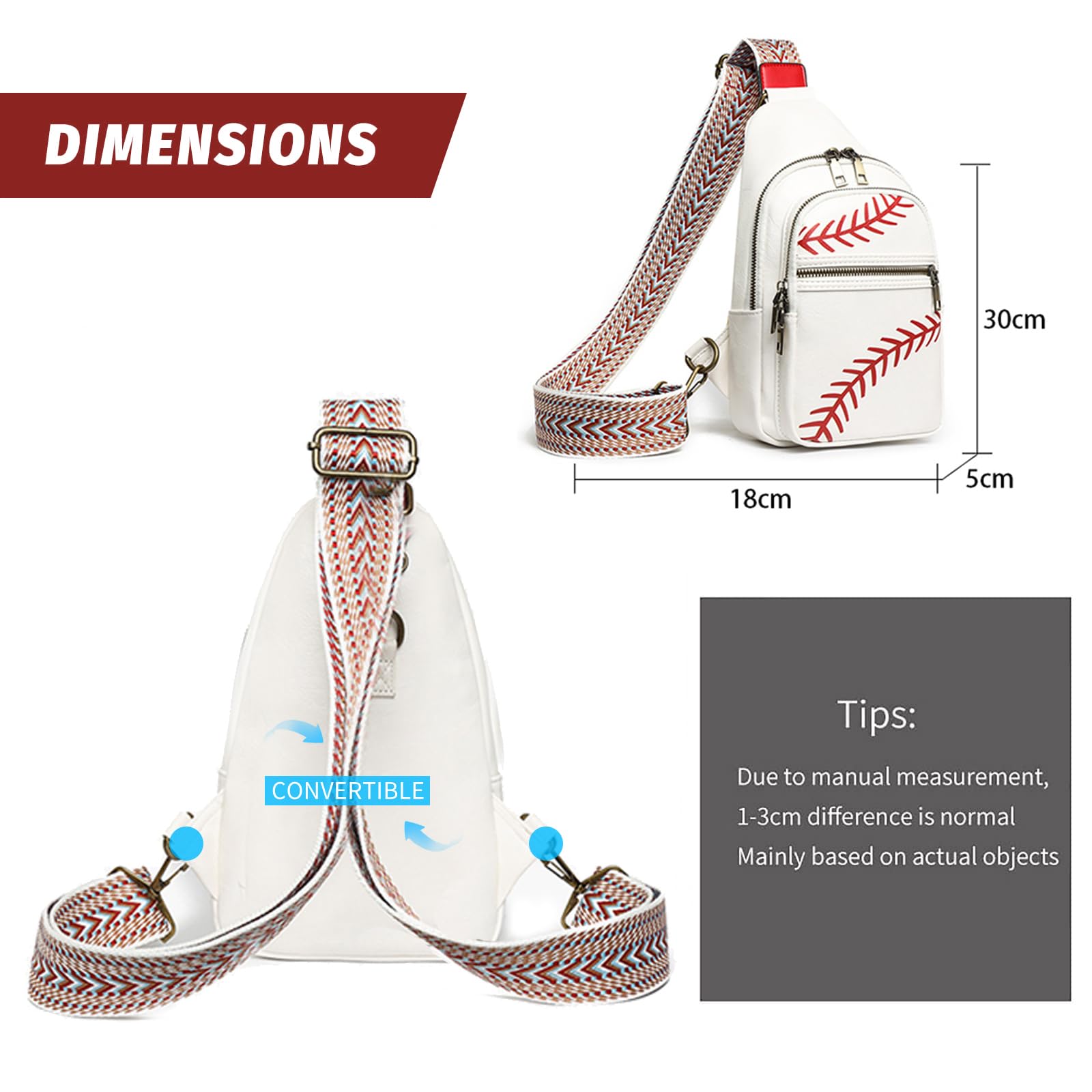 FAYBA Small Sling Bag for Women Crossbody Bag, Baseball Print PU Leather Wide Guitar Strap Chest Sling Backpack Purse