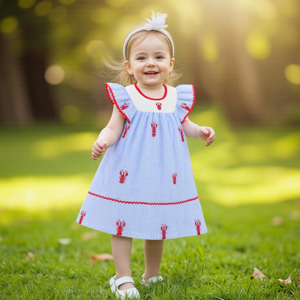 Toddler Baby Girl Crawfish Smocked Ruffle Short Sleeve Dress Lobster Plaid Princess Dresses Summer Outfits