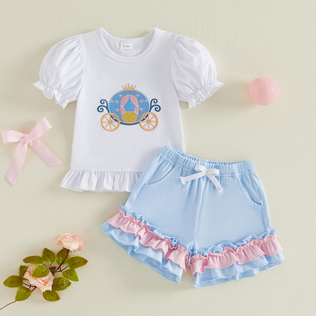 Toddler Baby Girl Summer Clothes Bow Castle T-Shirt Top Plaid Gingham Ruffle Shorts Set Infant Cake Smash Outfit
