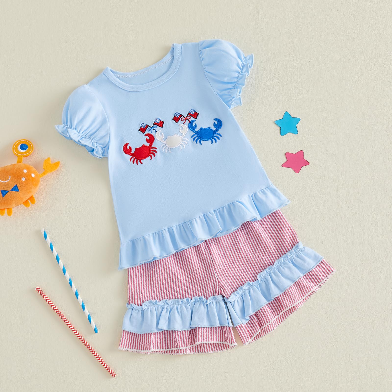 Toddler Girl 4th of July Outfit American Flag Embroidery T Shirt Top Ruffle Shorts Baby Independence Day Set 6M-4T
