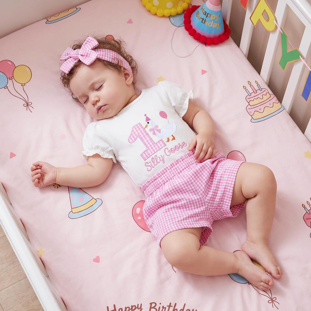 Baby Girl 1st First Birthday Outfit One Silly Goose Romper Short Sleeve Onesie Plaid Shorts Set Cake Smash Clothes