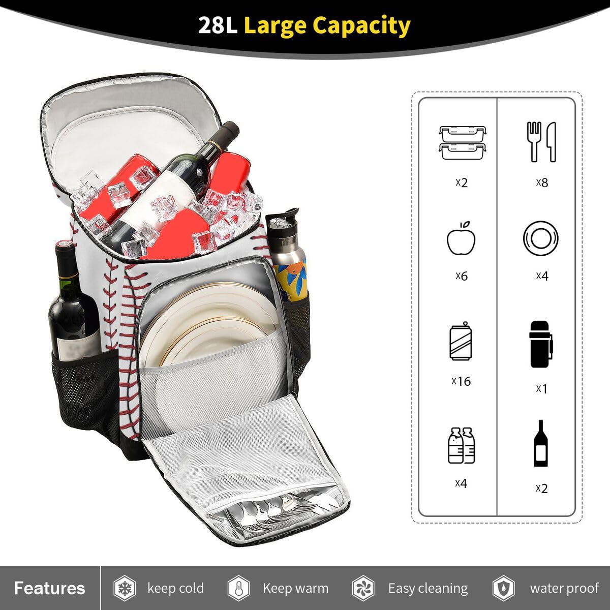 Sport Stripe Baseball Cooler Backpack Leakproof Large Capacity Insulated Backpack Cooler Bag Lunch Bag for Work/Hiking/Camping/Beach/Fishing