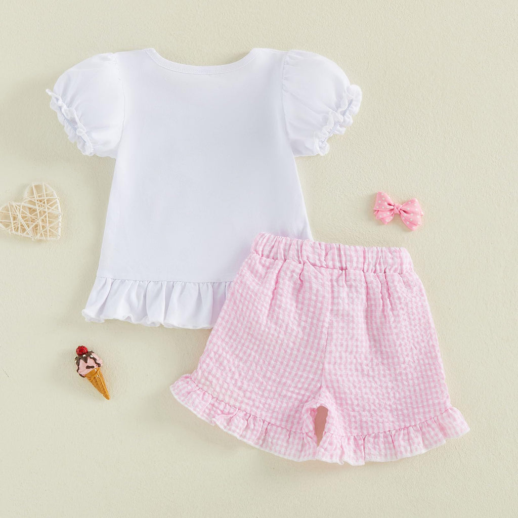 Bagilaanoe Toddler Baby Girl Puff Short Sleeve T-Shirt+ Plaid Shorts Castle/Lineworker Embroidery Clothes 2PCS Outfit Set