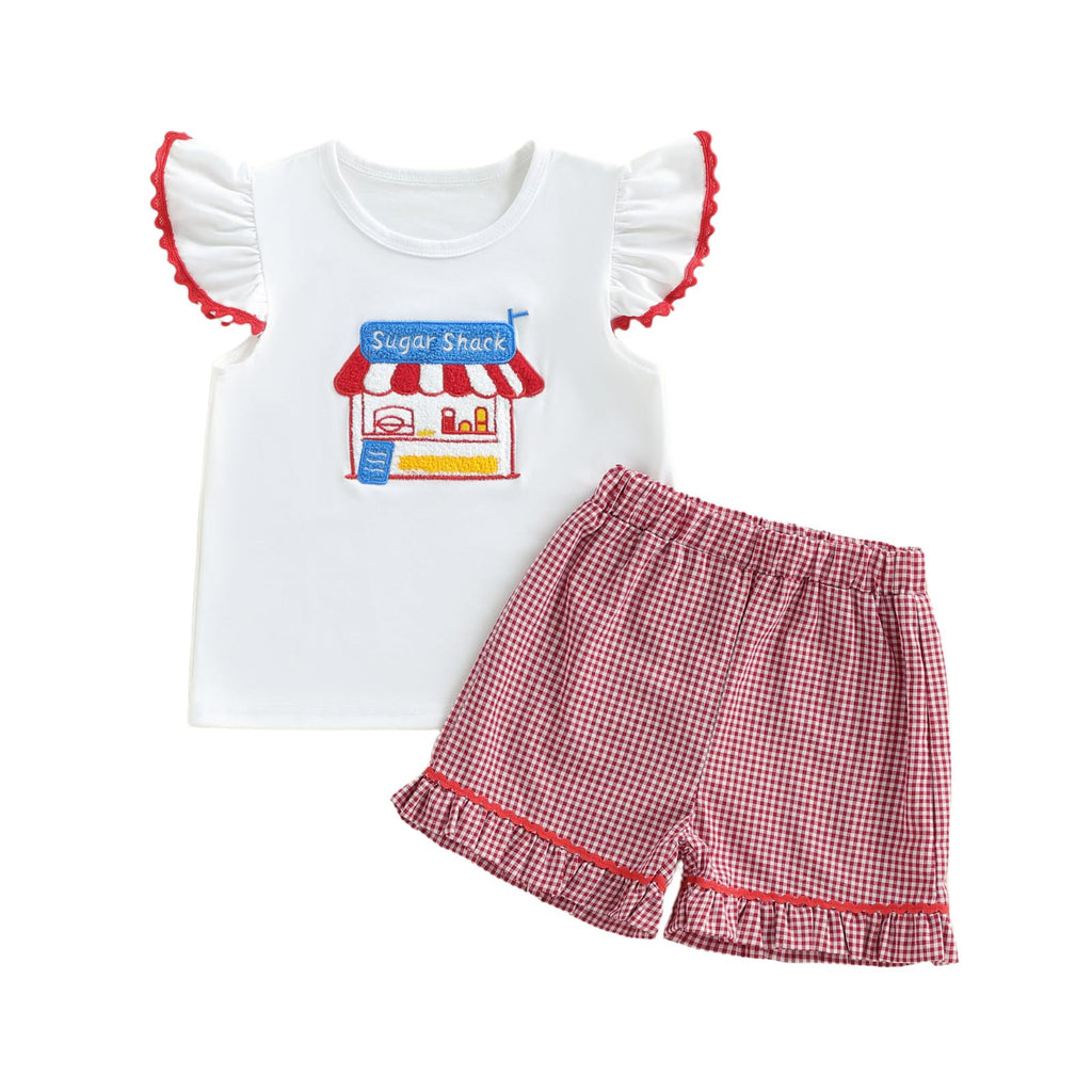 Toddler Baby Girl Outfit Summer Fly Sleeve Dessert House/Floral Embroidery T-shirt Top Shorts Pants 2PCS Clothes Set