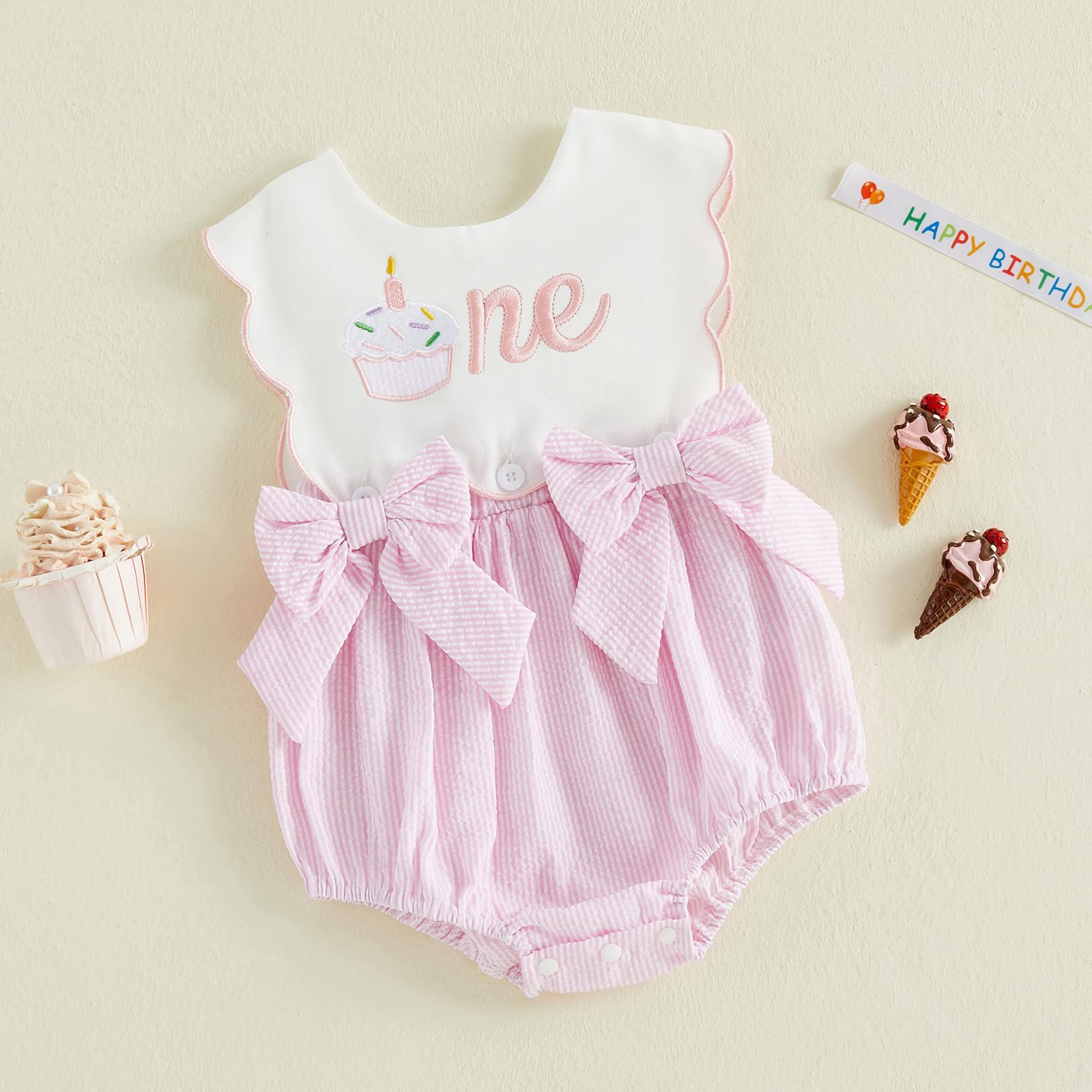 Toddler Baby Girl Birthday Outfit One Cake/Ice Cream/Animal Embroidery Romper Bow Stripe Bodysuit Cake Smash Outfit