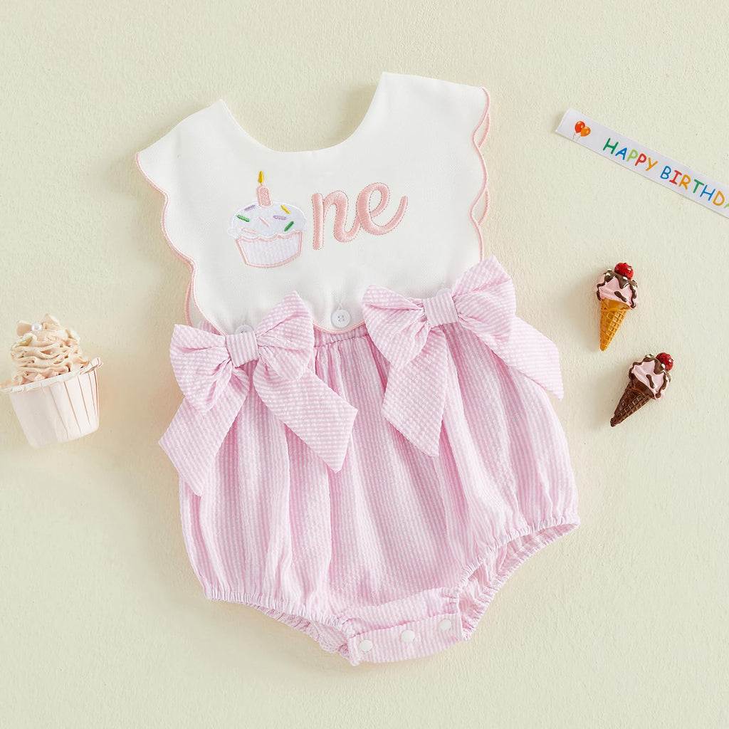 Toddler Baby Girl Birthday Outfit One Cake/Ice Cream/Animal Embroidery Romper Bow Stripe Bodysuit Cake Smash Outfit