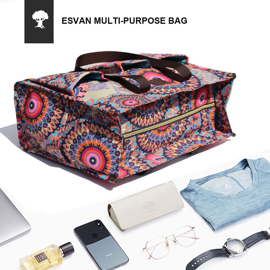 ESVAN Utility Tote Bag with Zip Top Waterproof Teacher Tote Bag for Teacher Work Women Beach