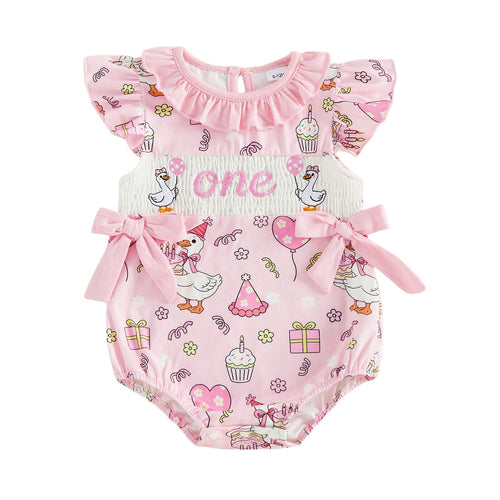 BemeyourBBs Baby Girl First Birthday Outfit 1st Birthday Cake Smocked Romper Jumpsuit One Year Clothes