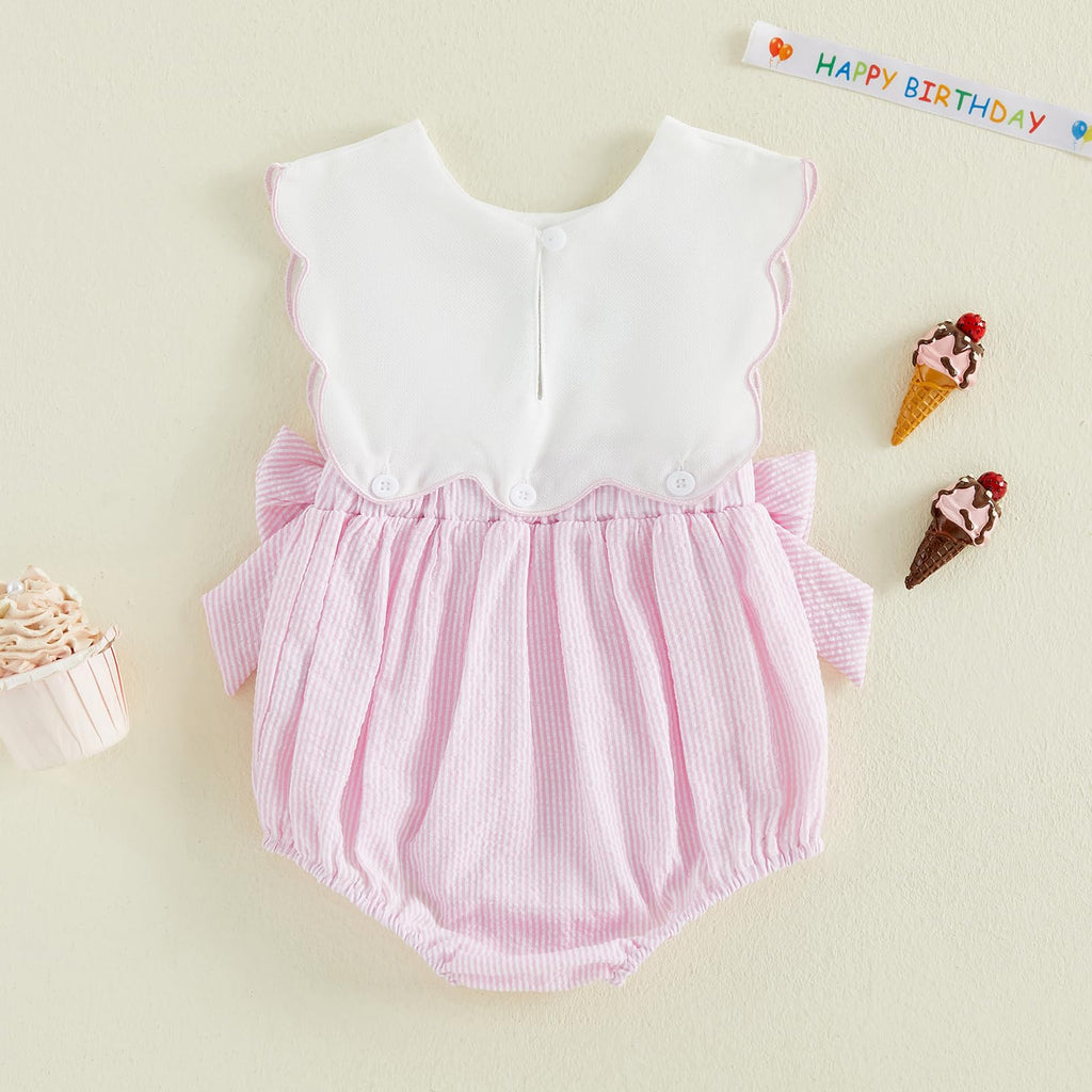 Toddler Baby Girl Birthday Outfit One Cake/Ice Cream/Animal Embroidery Romper Bow Stripe Bodysuit Cake Smash Outfit
