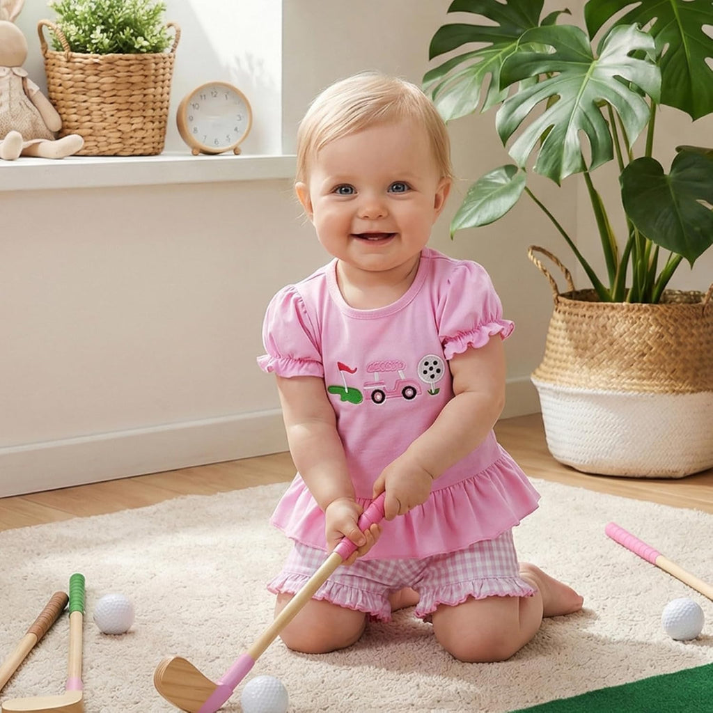 Toddler Baby Girl Golf Outfit Embroidered Ruffle Short Sleeve T Shirt Top Plaid Shorts 2 Piece Set Summer Clothes