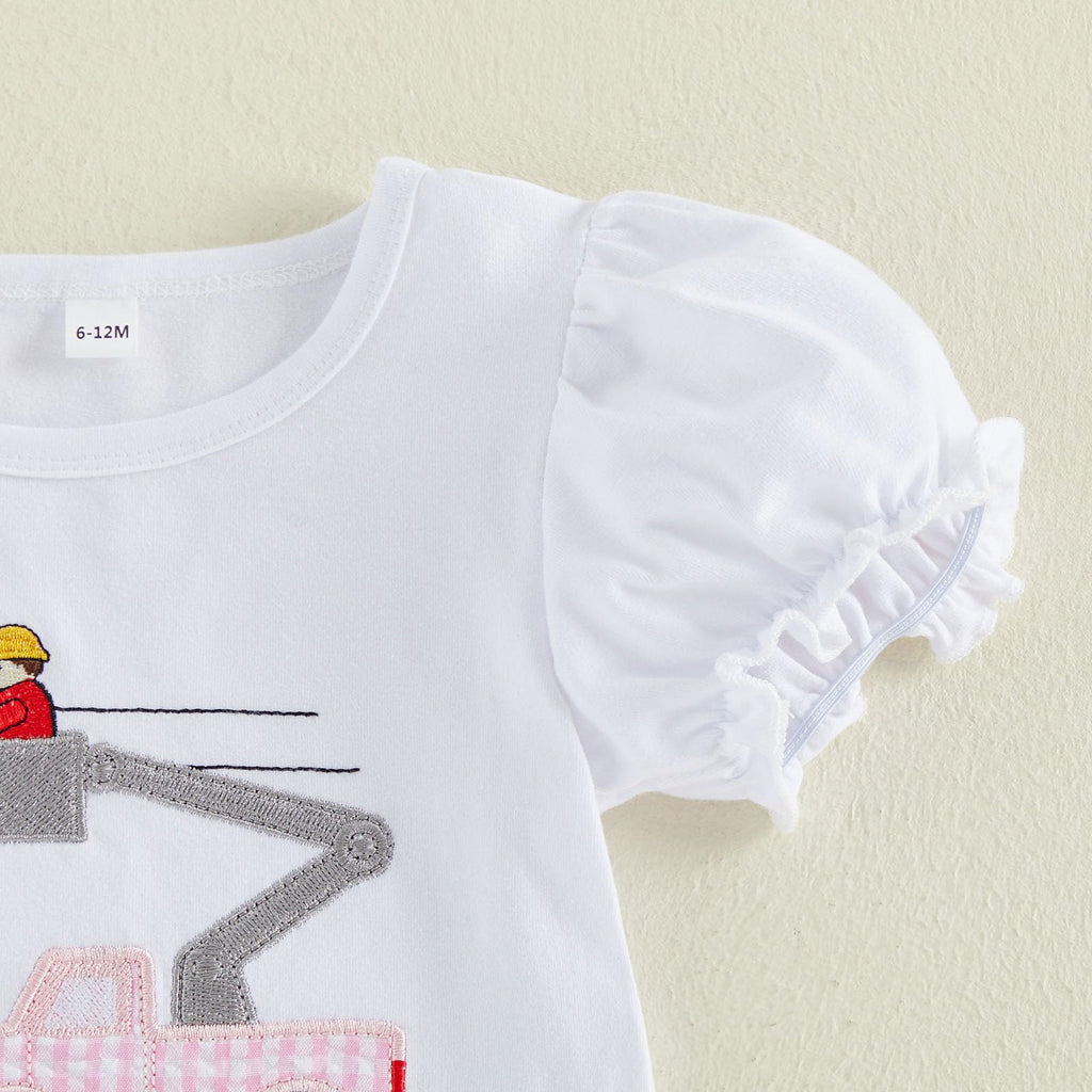 Bagilaanoe Toddler Baby Girl Puff Short Sleeve T-Shirt+ Plaid Shorts Castle/Lineworker Embroidery Clothes 2PCS Outfit Set