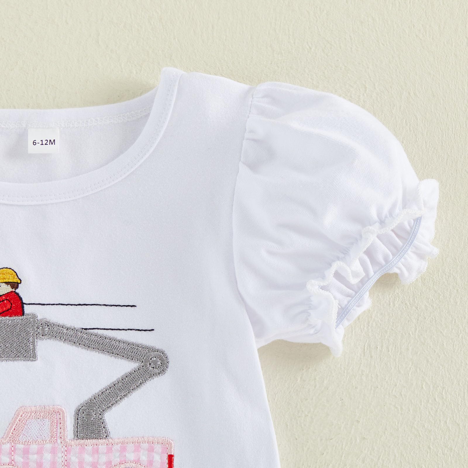 Bagilaanoe Toddler Baby Girl Puff Short Sleeve T-Shirt+ Plaid Shorts Castle/Lineworker Embroidery Clothes 2PCS Outfit Set