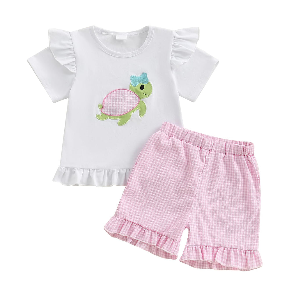 Toddler Baby Girl 2PCS Turtle Embroidered Short Sleeve Tops Elastic Waist Shorts Outfits Set