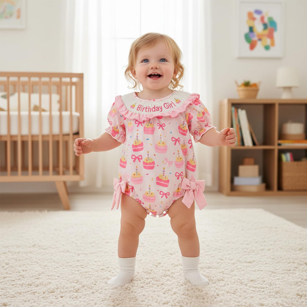 BemeyourBBs Baby Girl First Birthday Outfit 1st Birthday Cake Smocked Romper Jumpsuit One Year Clothes