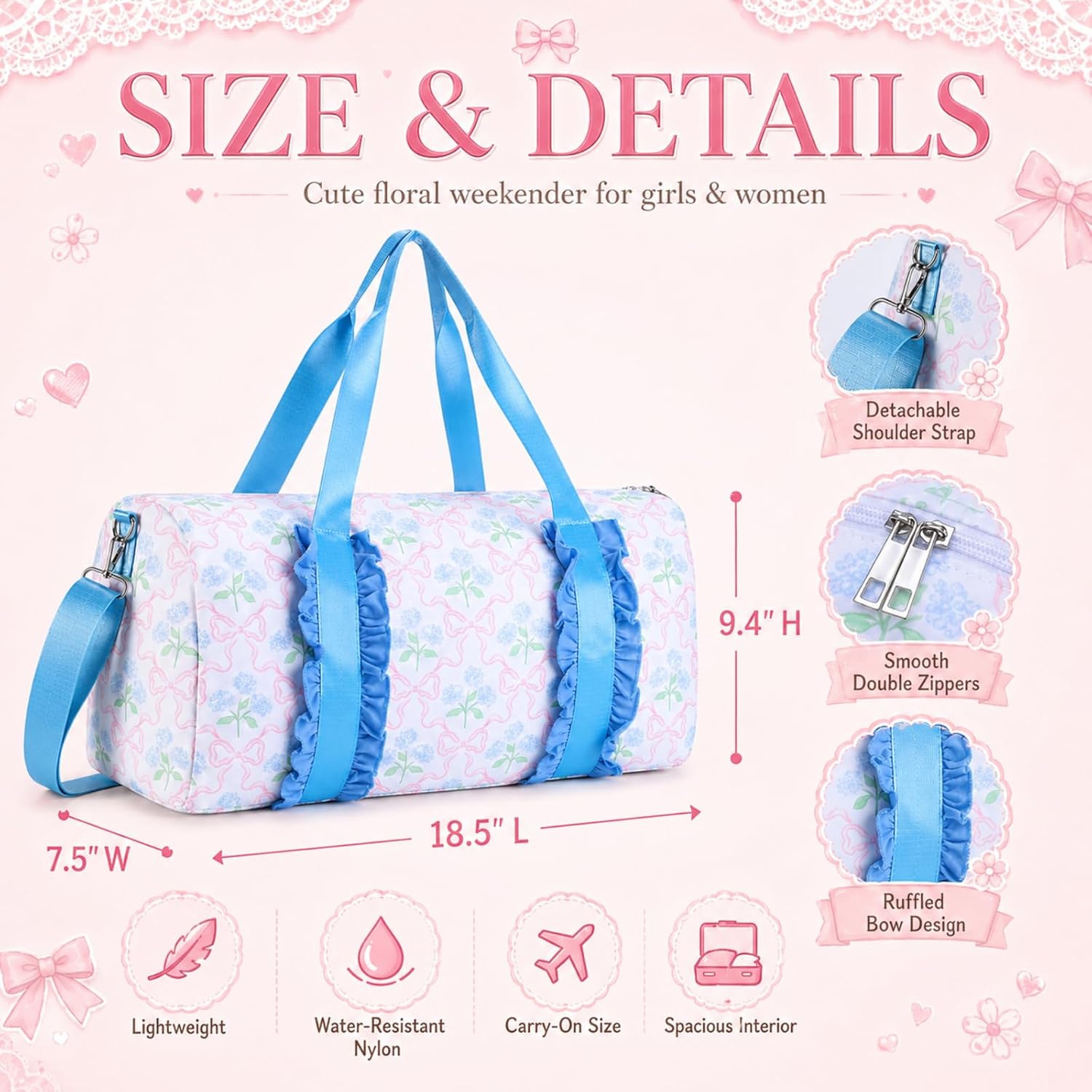 Hsei Blue Floral Bow Duffle Bag for Women Girls, Lightweight Nylon Cute Weekender Overnight Gym Bag with Detachable Shoulder Strap for Travel Dance Ballet Sleepover