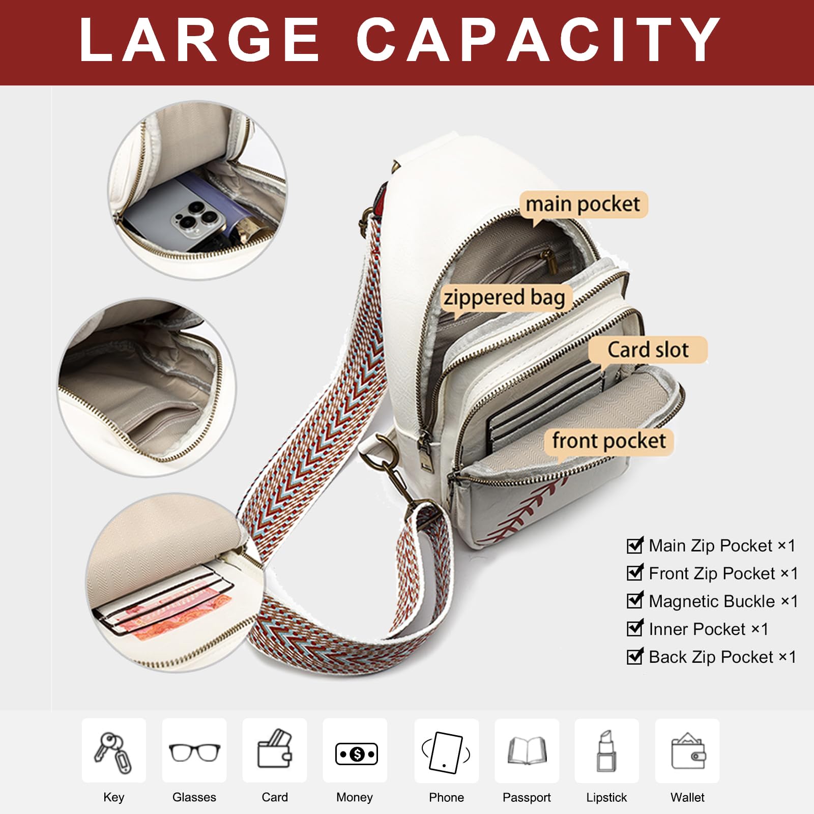 FAYBA Small Sling Bag for Women Crossbody Bag, Baseball Print PU Leather Wide Guitar Strap Chest Sling Backpack Purse