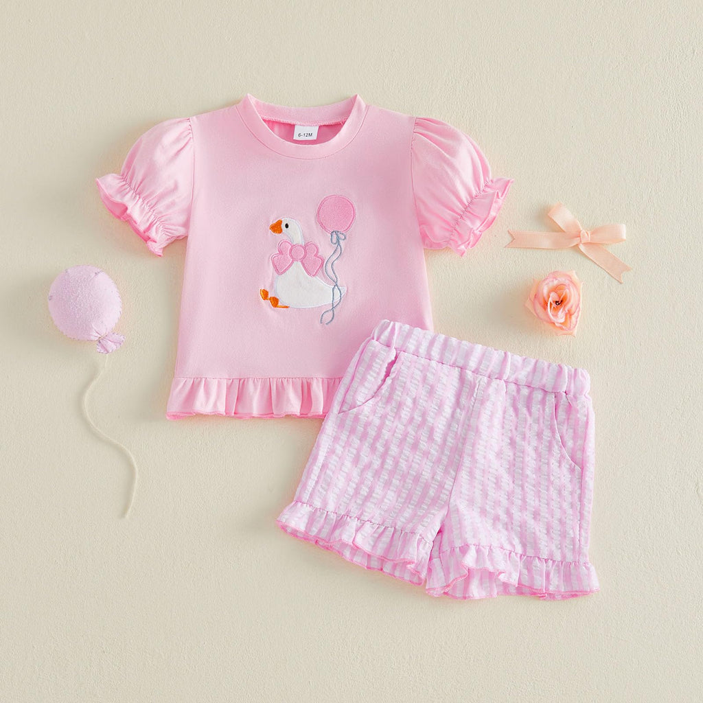 Rtnnsbbfcm Toddler Baby Girl Birthday Outfit Goose Embroidery Puff Sleeve Shirt Tops Ruffle Shorts Sets Cute Summer Clothes
