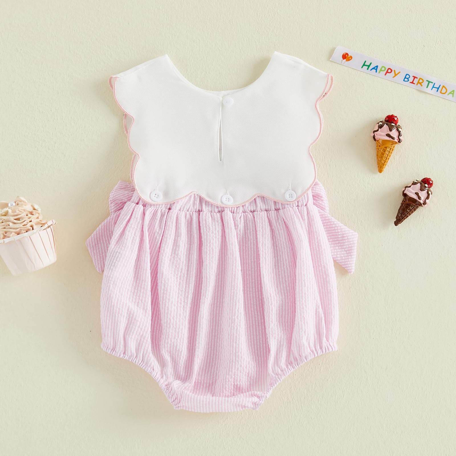 Toddler Baby Girl Birthday Outfit One Cake/Ice Cream/Animal Embroidery Romper Bow Stripe Bodysuit Cake Smash Outfit
