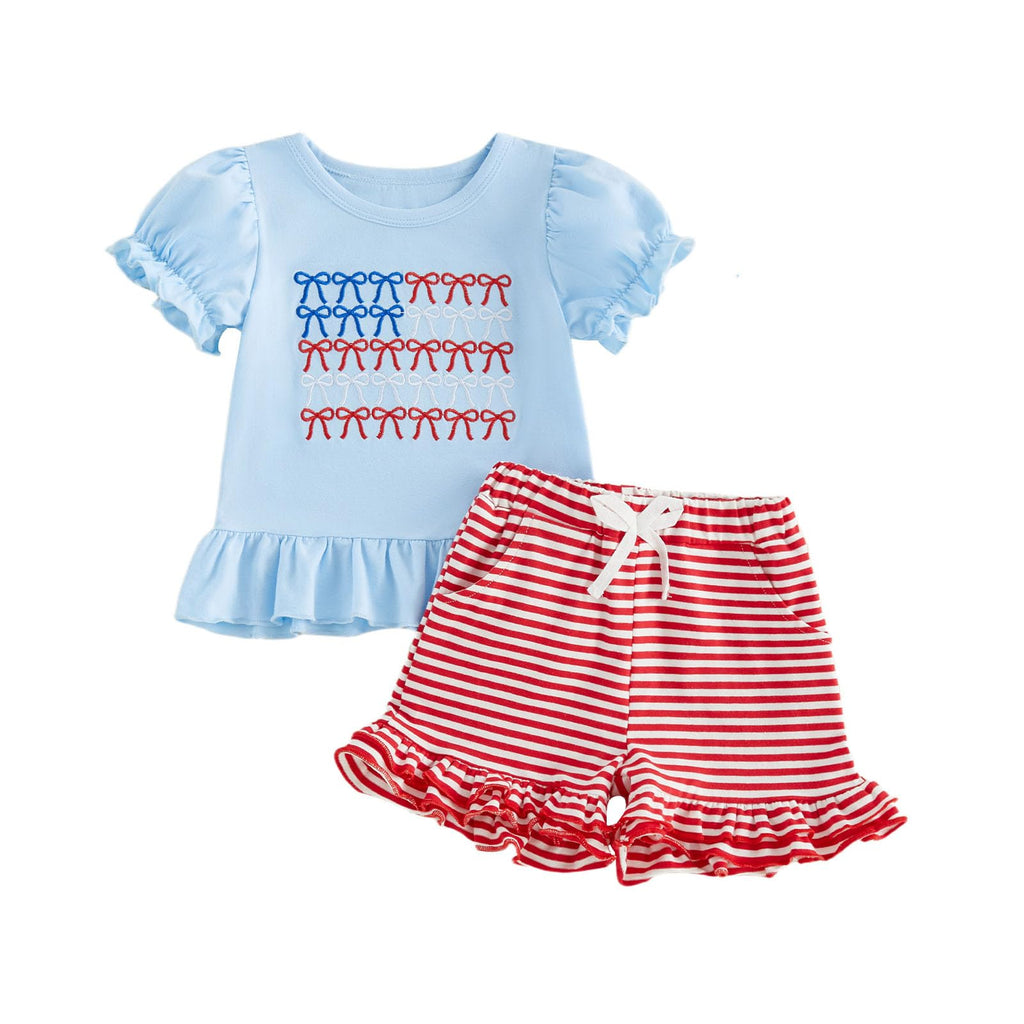 Toddler Girl 4th of July Outfit American Flag Embroidery T Shirt Top Ruffle Shorts Baby Independence Day Set 6M-4T
