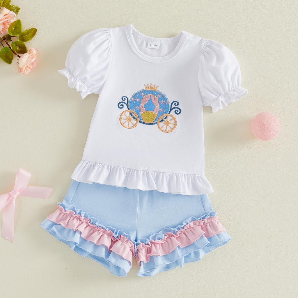 Toddler Baby Girl Summer Clothes Bow Castle T-Shirt Top Plaid Gingham Ruffle Shorts Set Infant Cake Smash Outfit