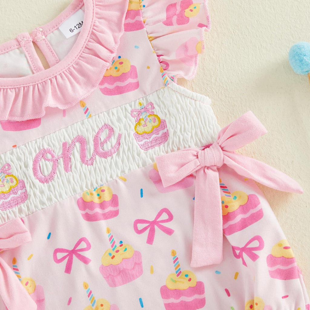 BemeyourBBs Baby Girl First Birthday Outfit 1st Birthday Cake Smocked Romper Jumpsuit One Year Clothes