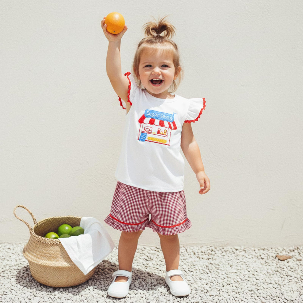 Toddler Baby Girl Outfit Summer Fly Sleeve Dessert House/Floral Embroidery T-shirt Top Shorts Pants 2PCS Clothes Set