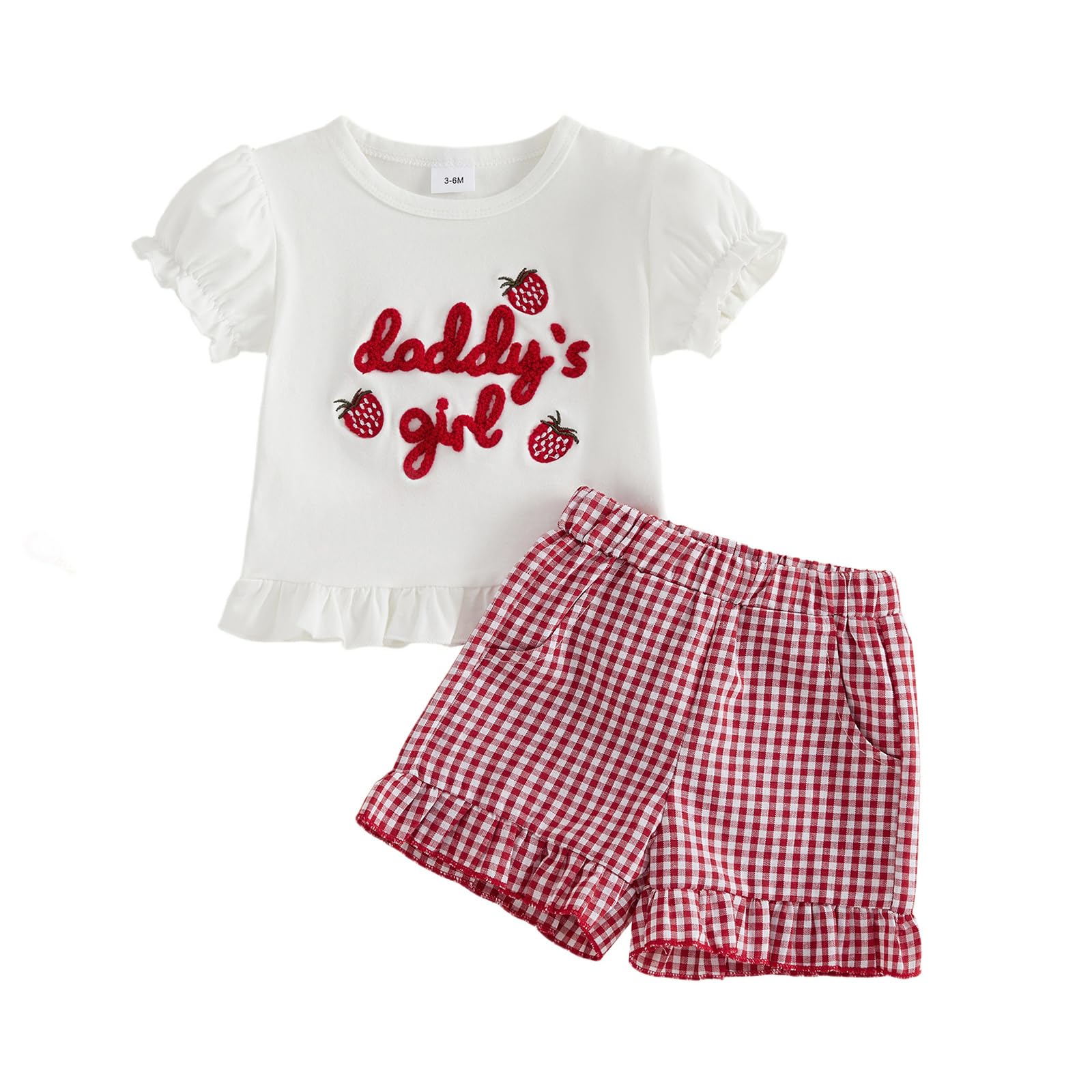 fhutpw Toddler Baby Girls Summer Clothes Smocked Short Sleeve T-Shirt Tops Ruffled Plaid Short Sets Cute Outfits 2Pcs