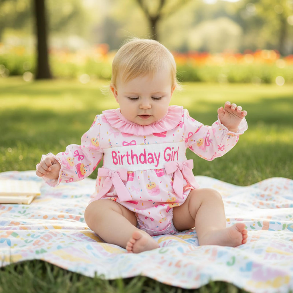 BemeyourBBs Baby Girl First Birthday Outfit 1st Birthday Cake Smocked Romper Jumpsuit One Year Clothes