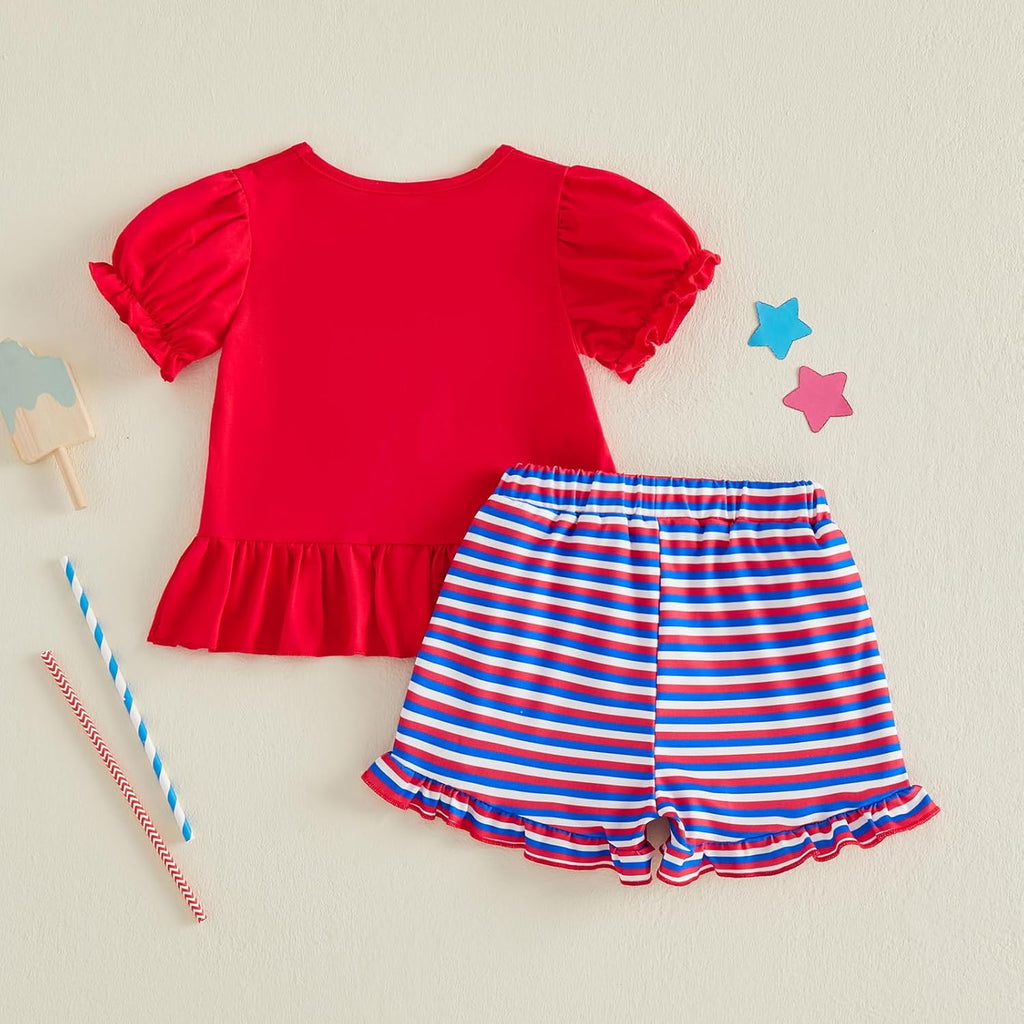 Karuedoo Toddler Baby Girl 4th of July Outfit Popsicle Embroidery Puff Sleeve Ruffle T Shirt Tops Plaid Shorts Set