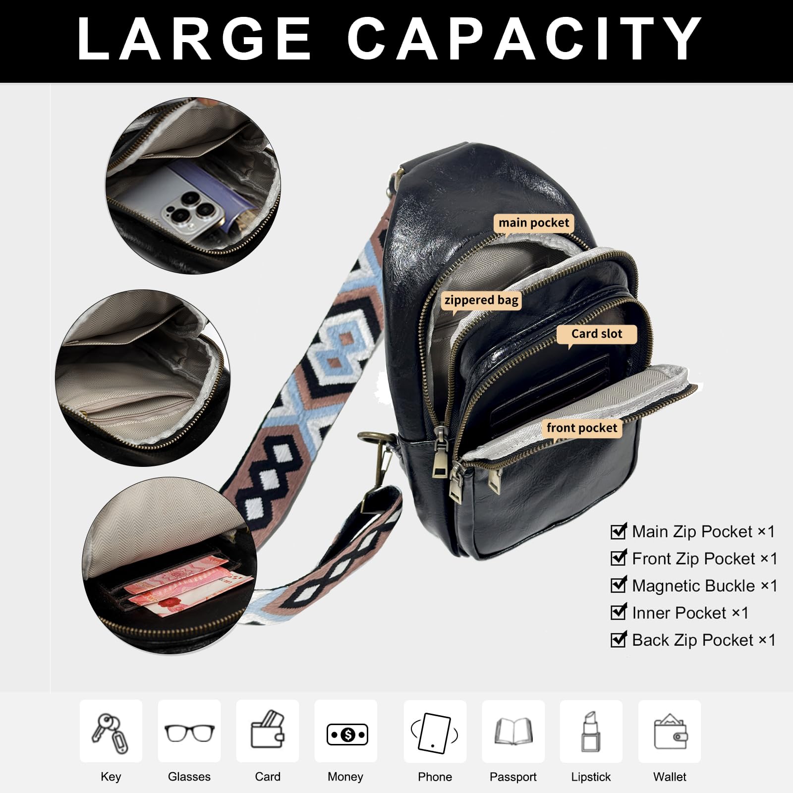 FAYBA Small Sling Bag for Women Crossbody Bag, Baseball Print PU Leather Wide Guitar Strap Chest Sling Backpack Purse