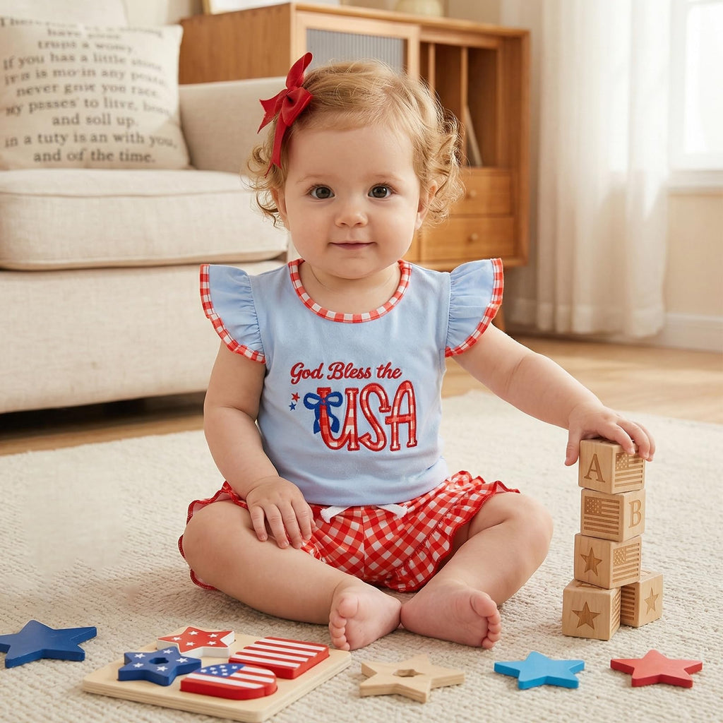 Toddler Girl 4th of July Outfit American Flag Embroidery T Shirt Top Ruffle Shorts Baby Independence Day Set 6M-4T
