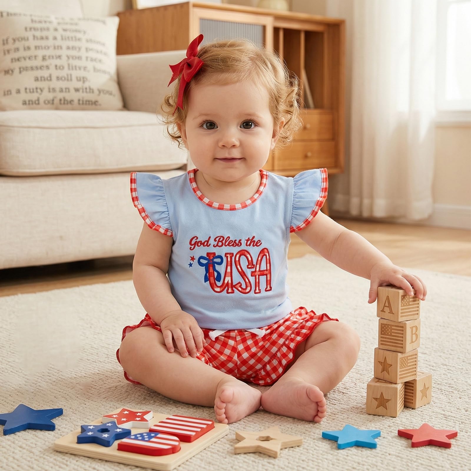 Toddler Girl 4th of July Outfit American Flag Embroidery T Shirt Top Ruffle Shorts Baby Independence Day Set 6M-4T