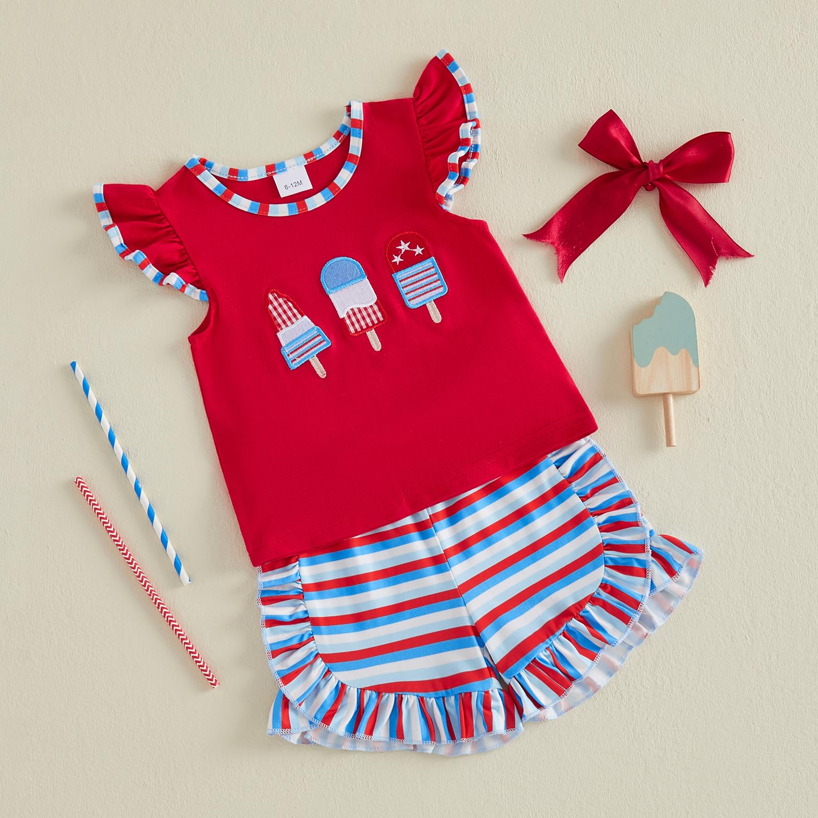 Toddler Girl 4th of July Outfit American Flag Embroidery T Shirt Top Ruffle Shorts Baby Independence Day Set 6M-4T