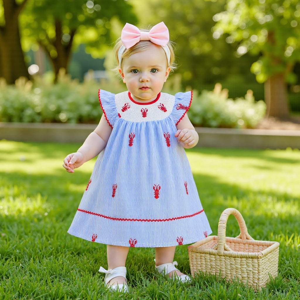 Toddler Baby Girl Crawfish Smocked Ruffle Short Sleeve Dress Lobster Plaid Princess Dresses Summer Outfits