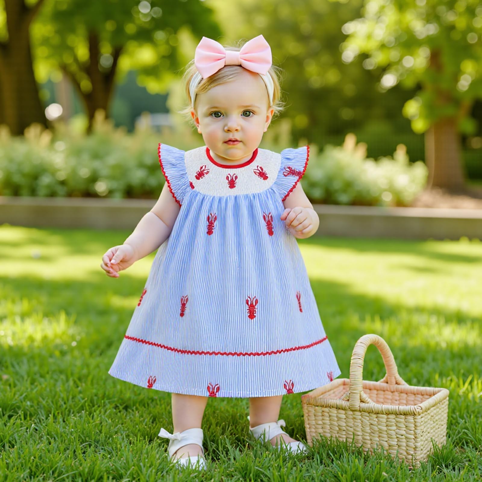 Toddler Baby Girl Crawfish Smocked Ruffle Short Sleeve Dress Lobster Plaid Princess Dresses Summer Outfits