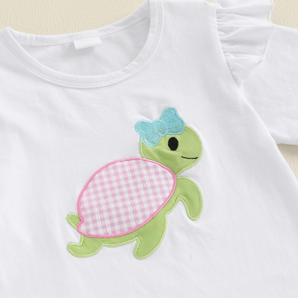 Toddler Baby Girl 2PCS Turtle Embroidered Short Sleeve Tops Elastic Waist Shorts Outfits Set
