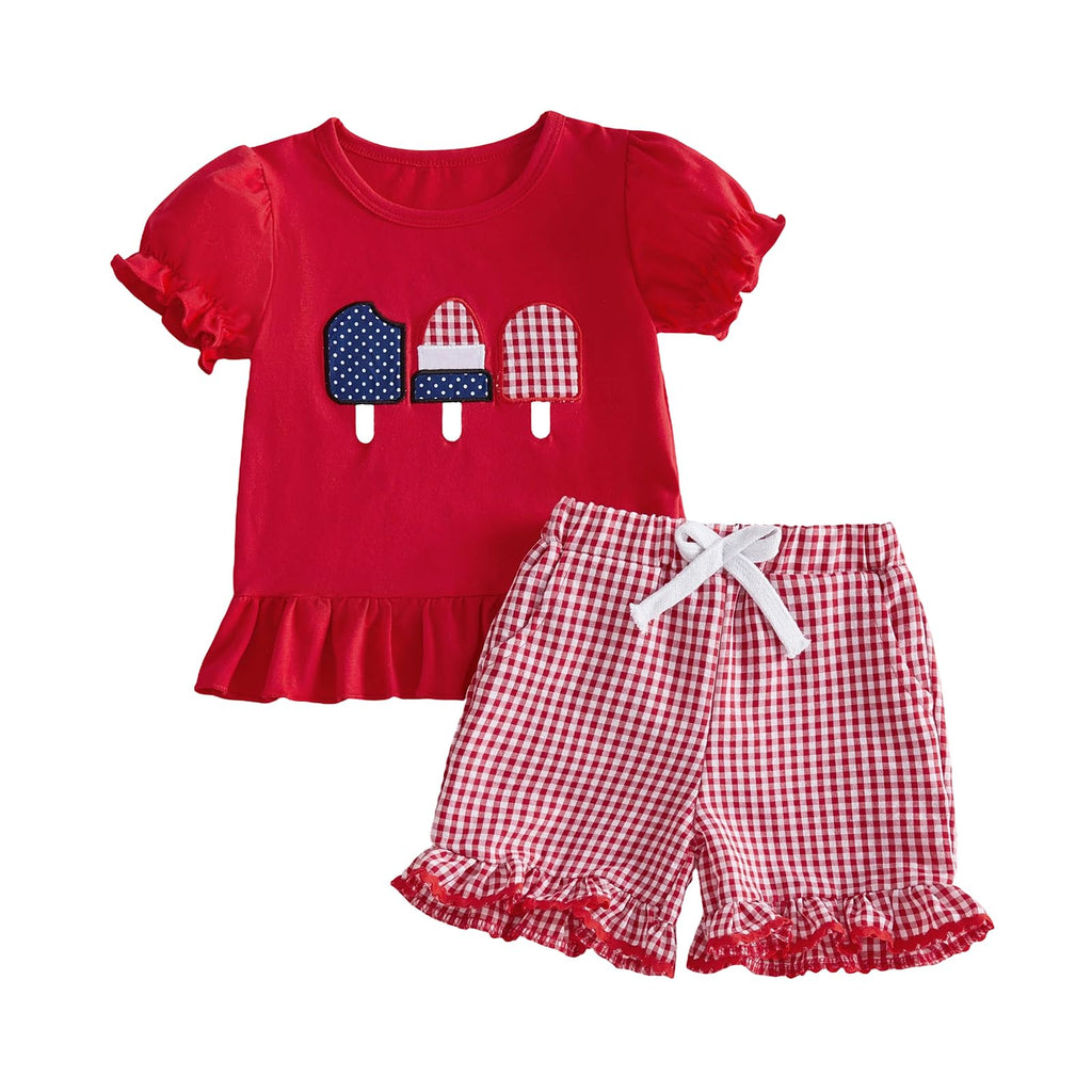 Karuedoo Toddler Baby Girl 4th of July Outfit Popsicle Embroidery Puff Sleeve Ruffle T Shirt Tops Plaid Shorts Set