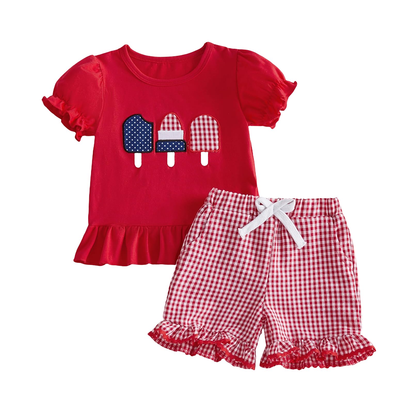 Karuedoo Toddler Baby Girl 4th of July Outfit Popsicle Embroidery Puff Sleeve Ruffle T Shirt Tops Plaid Shorts Set