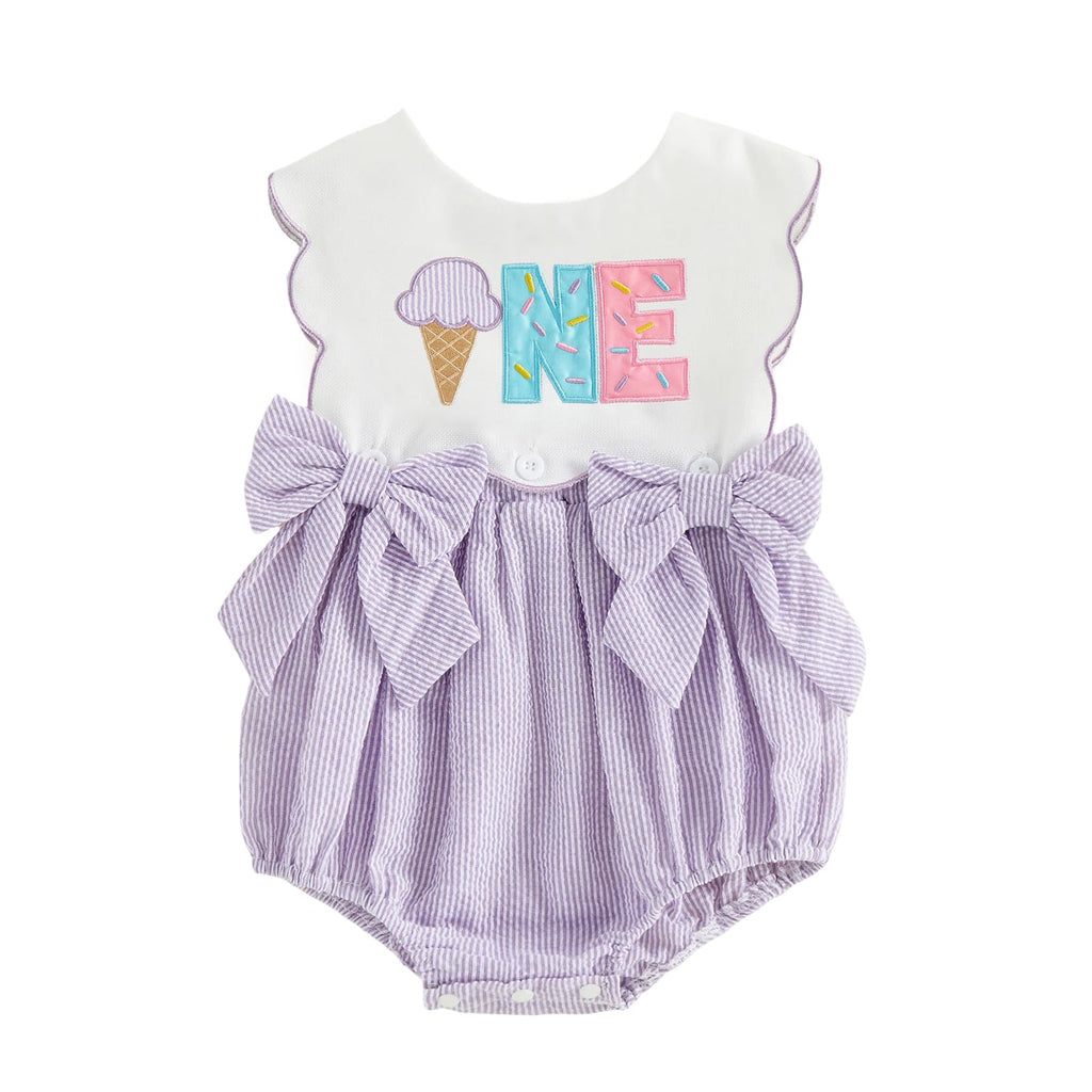 Toddler Baby Girl Birthday Outfit One Cake/Ice Cream/Animal Embroidery Romper Bow Stripe Bodysuit Cake Smash Outfit