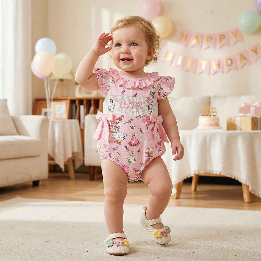 BemeyourBBs Baby Girl First Birthday Outfit 1st Birthday Cake Smocked Romper Jumpsuit One Year Clothes